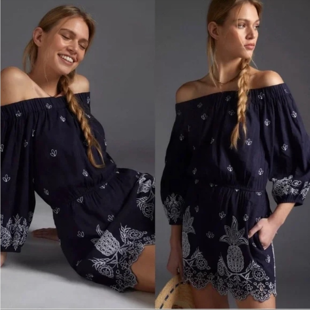 FARM Rio Navy Shorts Romper (off shoulder) with Colorful Embroidery.